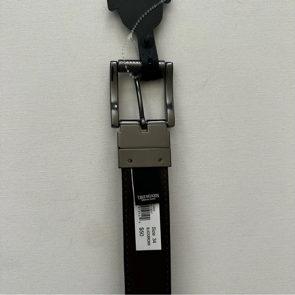 True Religion Black Men’s Reversible Belt with Polished Gunmetal Buckle Size 34